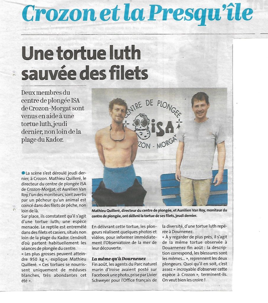 sauvetage d'une tortue Luth crozon centre de plongee isa